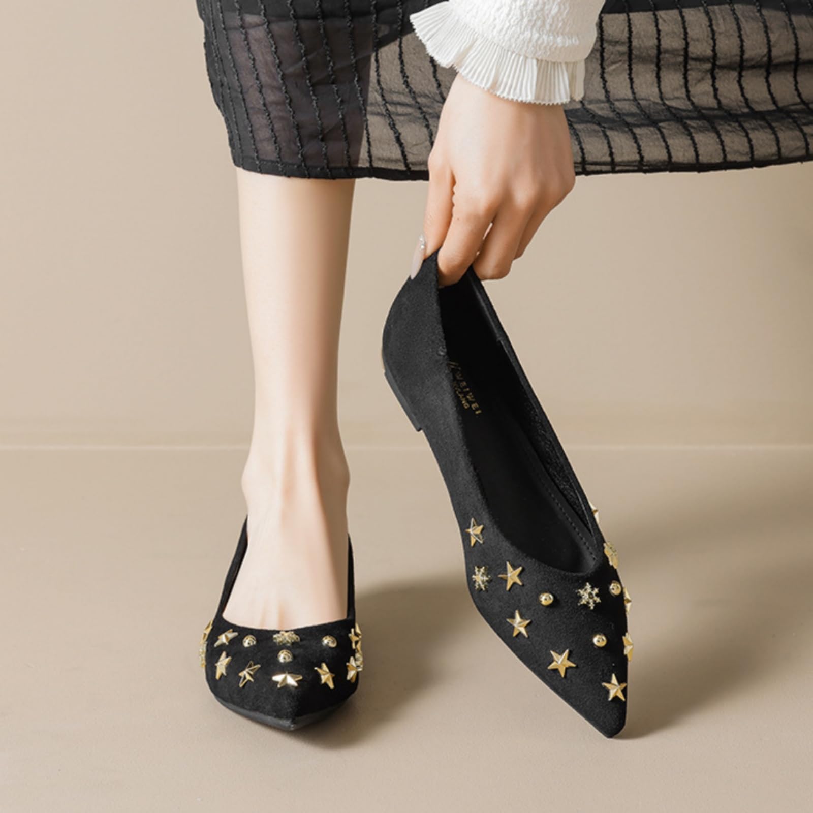 Damskie Antypoślizgowe Baleriny Z Ostrym Noskiem, Eleganckie Zamszowe Buty Z Ozdobną Gwiazdką, Wsuwane Na Co Dzień, Na Imprezy I Do Tańca