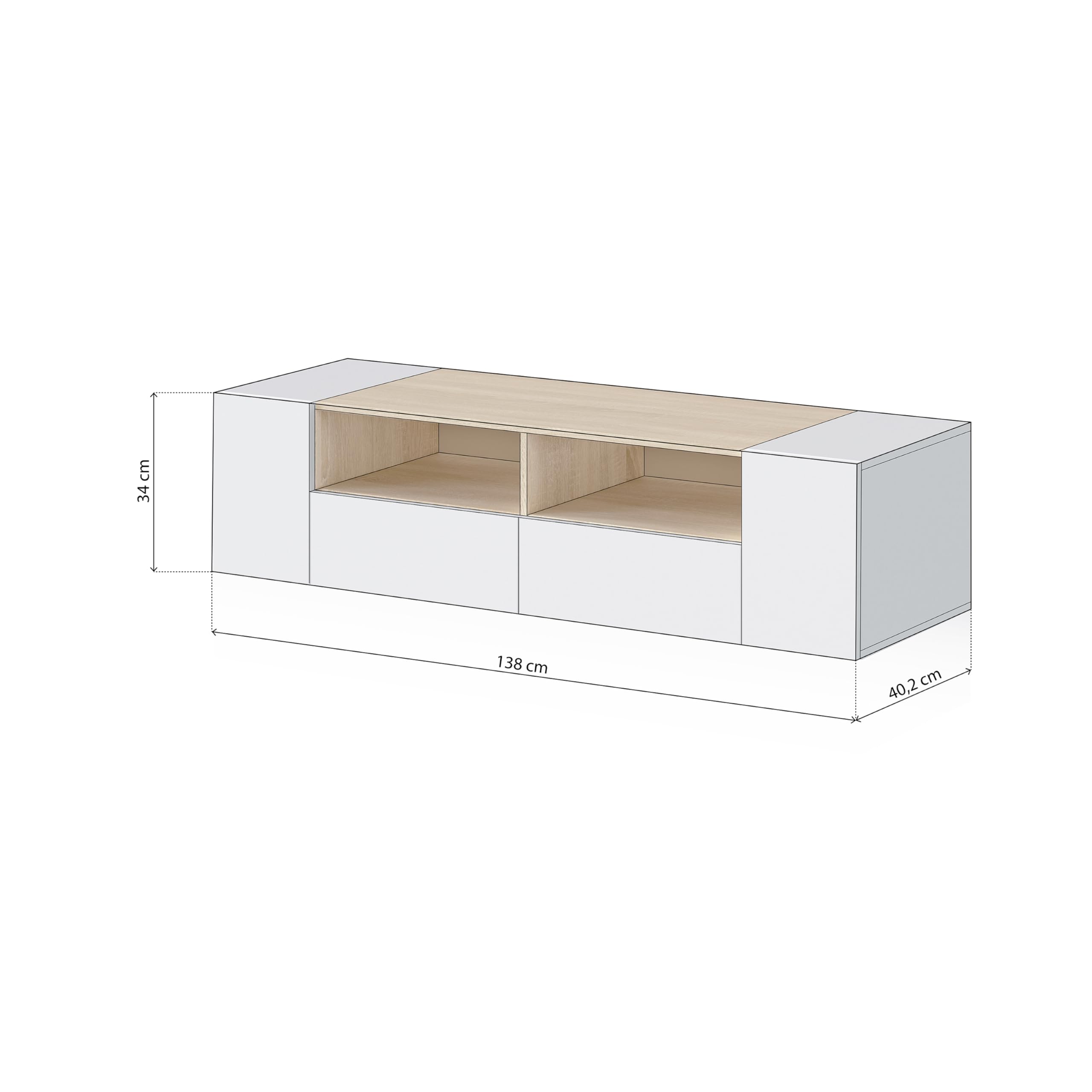 duehome | Modulo TV, Mueble de Salon, Juego de Muebles, Modelo Nima, Acabado en Blanco Artik y Roble Canadian, Medidas: 138 cm (Largo) x 42 cm (Fondo) x 36 cm (Alto)