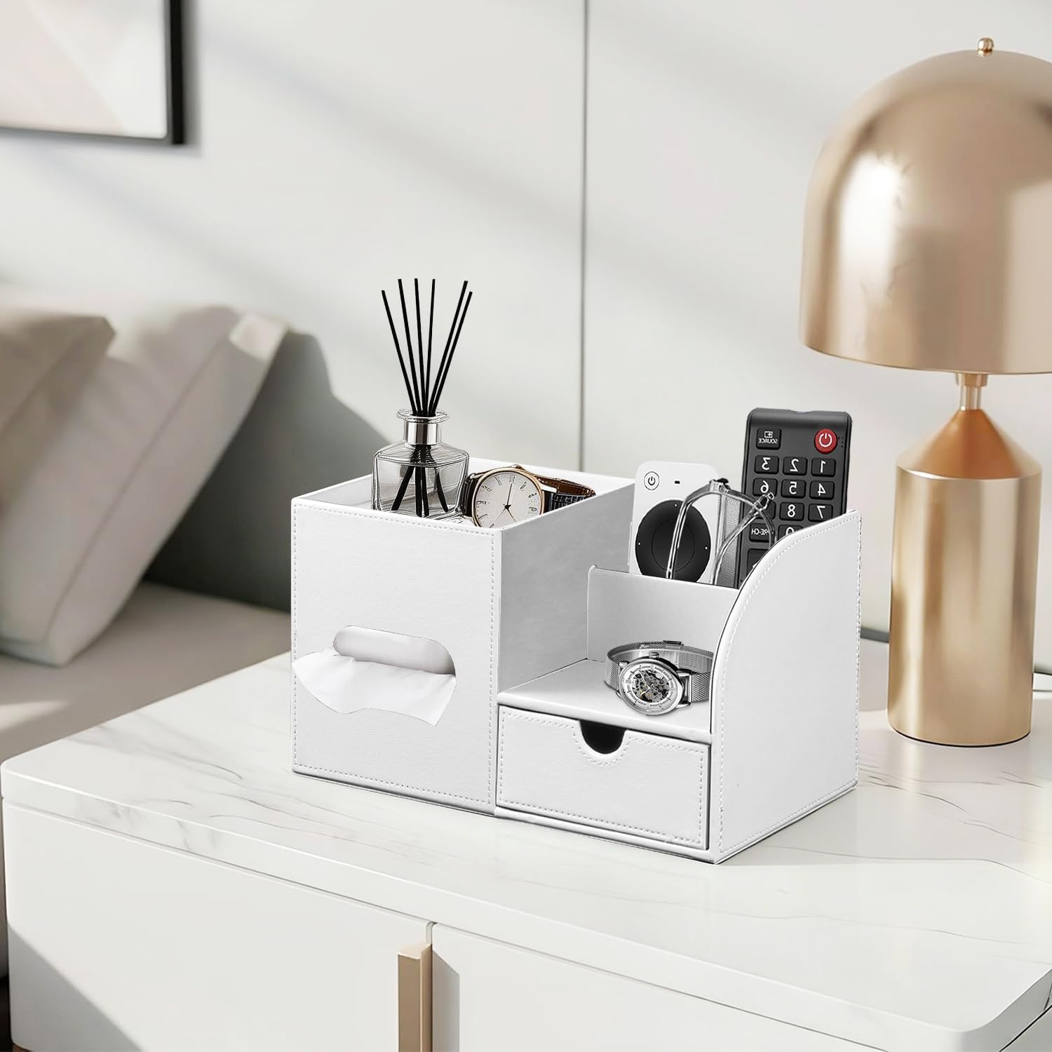 Leather Nightstand Organizer with Tissue Holder,White Square Tissue Box Cover with Organizer, Decorative Modern Facial Paper Storage Box for Bathroom Living Room Vanity Table Countertop Office