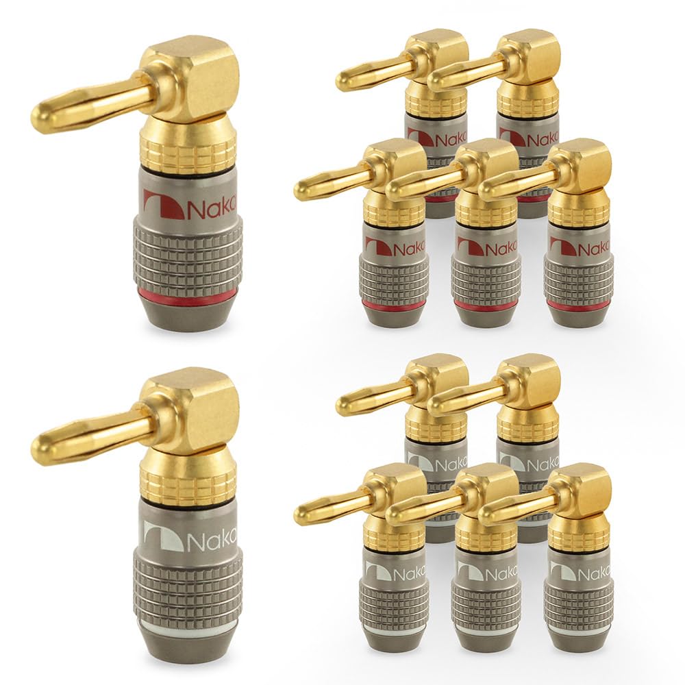 Conector banana 10 AWG - 18 AWG Nakamichi FanLock de 4 mm y 90 grados para altavoces y amplificador