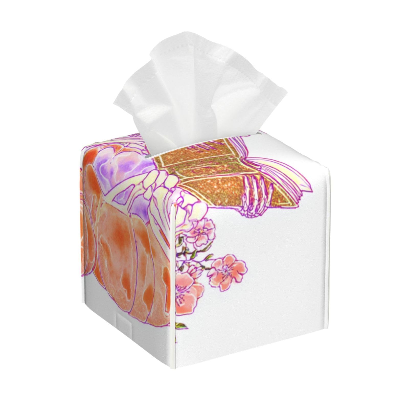 Sketon Wearing A Glittery Pink Witch Hat Tissue Box Cover Square Pu Leather Waterproof Tissue Box Holder for Car Bathroom Bedroom Office Tabletop Decor