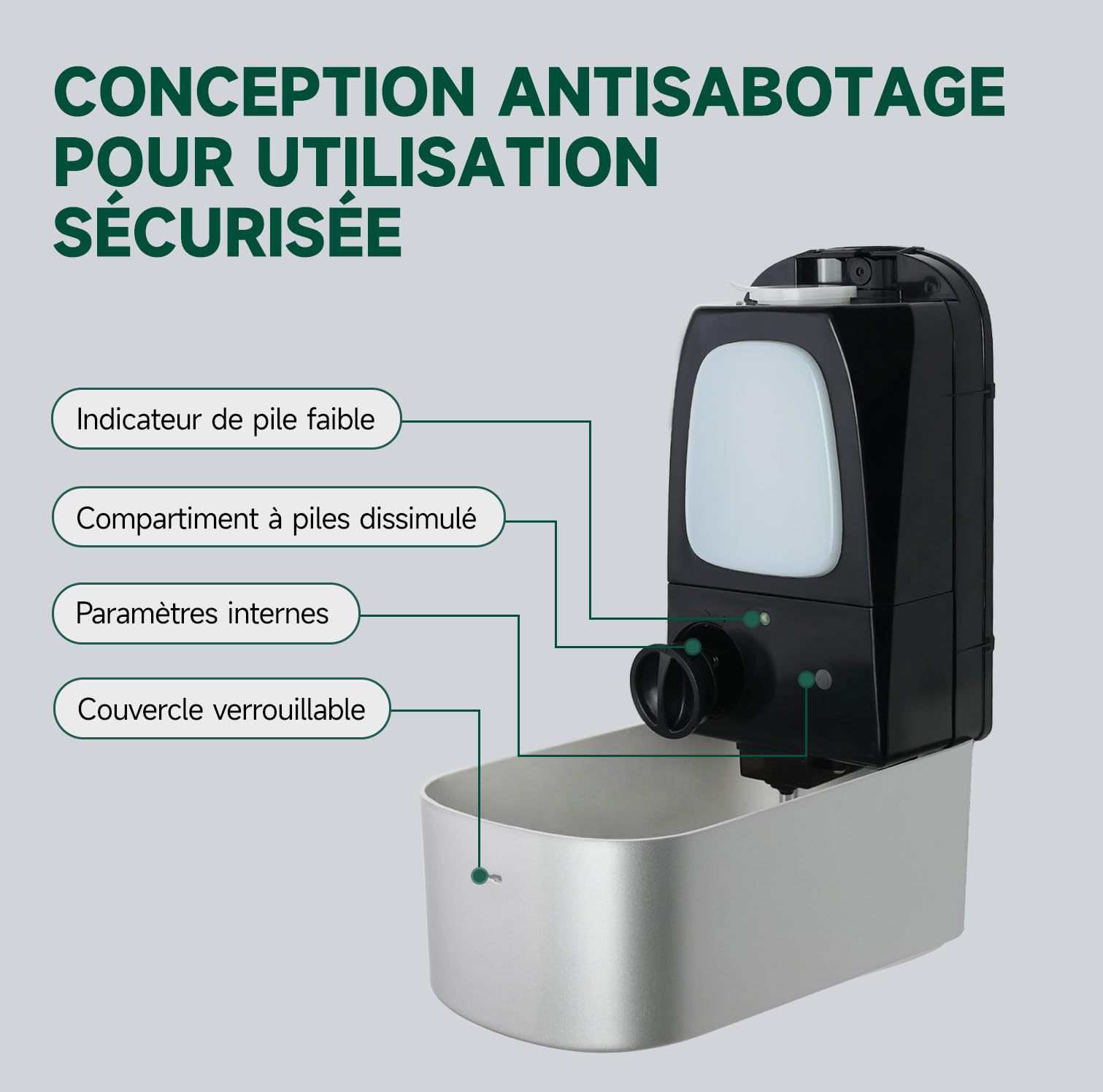 anydry Distributeur Automatique de Savon Liquide Professionnel de 1000 ML, à Montage Mural, sans Contact, pour Toilettes à Fort trafic, Bureaux, hôpitaux, modèle 1220S Argent