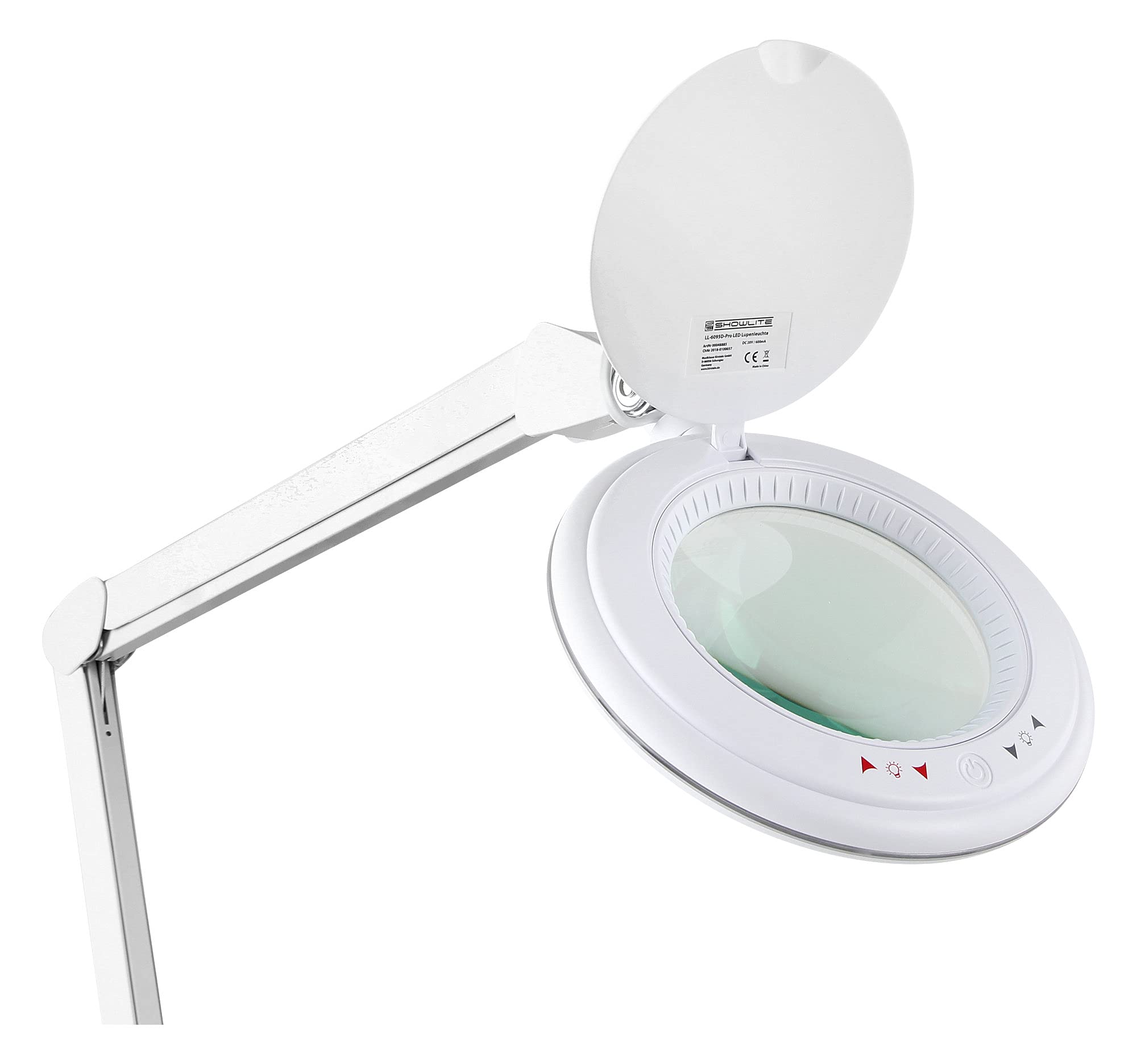 Showlite LL-6095D-Pro LED Lupenleuchte Set 9W 3/5 Dioptrien (dimmbar, 127 mm Linsen, 60 SMD LEDs, Rollenstativ, Tischklemme) weiß
