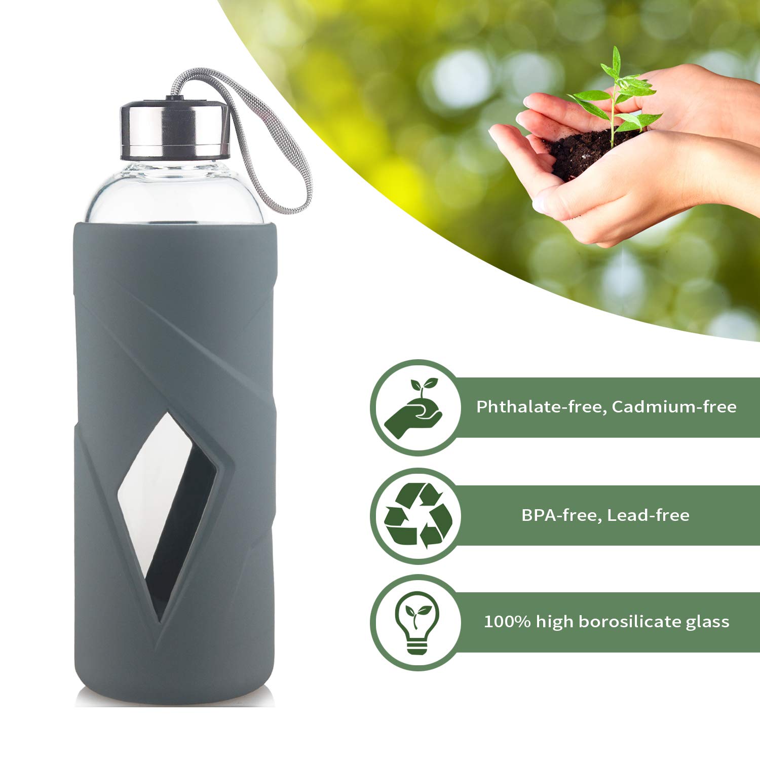 SHOW INGENUITY 1000ml Flacone di Acqua di Vetro Borosilicato Con Manicotto di Copertura Protettiva in Silicone e Coperchio di Acciaio Inossidabile