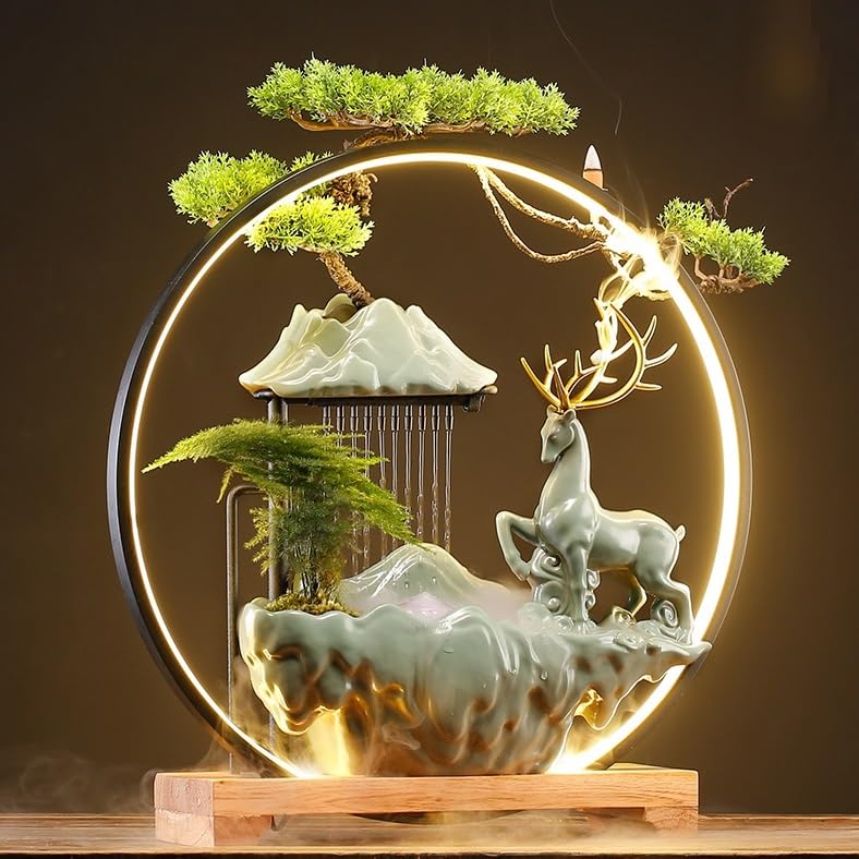 Fuente Decorativa de jardín, Fuente de Agua con Cascada, de cerámica, con iluminación LED, Quemador de Incienso, Feng Shui Zen, decoración para salón, Dormitorio, Oficina