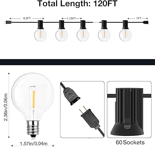 Miniatura 8 de GPATIO Cadena de luces para exteriores de 150 pies, luces impermeables para patio con 77 luces colgantes regulables, bombillas globo G40, 2700 K,