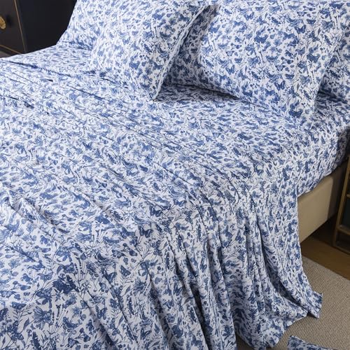 Image of FADFAY Blue Toile Sheets Set Cal King French Country Farmhouse Bedding Vintage Butterfly Floral Bedding 100% Egyptian Cotton Soft Sheet Set with Deep Pocket Fitted Sheet 4Pcs, California King Size