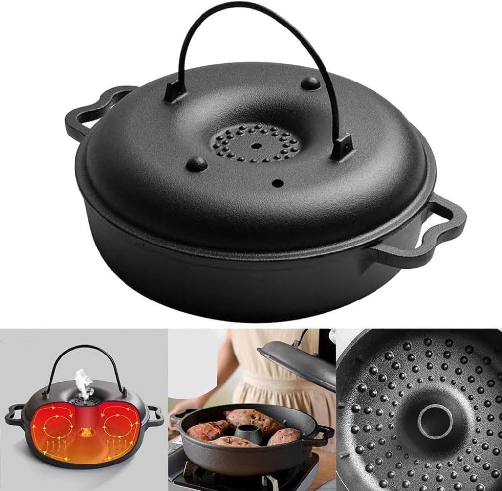 Żeliwny garnek do smażonych ziemniaków z pokrywką, żeliwny garnek do grillowania, do użytku na zewnątrz, pogrubiona czarna patelnia grillowa do kuchni, na kemping, do ogrodu, na grilla, grill