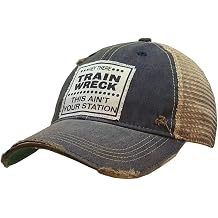 VINTAGE LIFE Hey Train Wreck This Aint Your Station Distressed Trucker Cap, One Size, Navy Blue, Cotton and Polyester, Headgear, Hat, Headwear