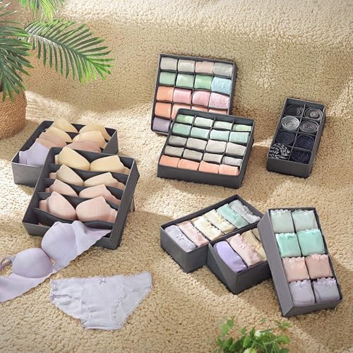Yucch 8er Set Unterwäsche Organizer – faltbare Stoffboxen für Schubladen mit 5/6/8/20 Fächern, platzsparendes Ordnungssystem für BHs, Socken und Krawatten – Grau
