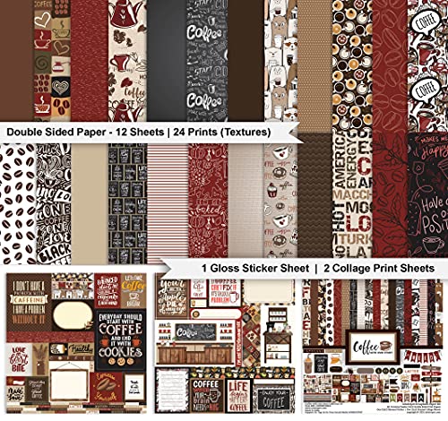 Inkdotpot Coffee Theme Collection Double-Sided Scrapbook Paper Kit Cardstock 12"X12" Card Making Paper Pack With Sticker Sheet - 16 Pages - Brown & Black #TOP1