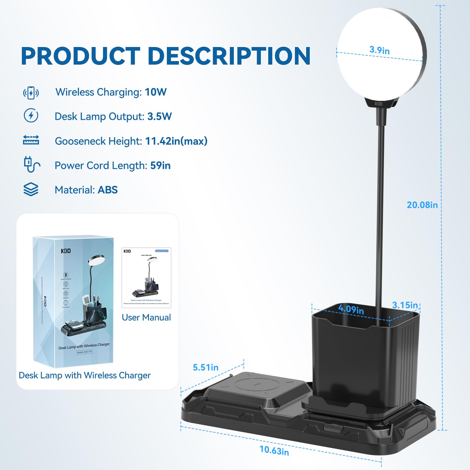 KDD Lampara Escritorio con Carga Inalámbrica, 4 en 1 Flexo LED Escritorio con 2 Modos 3 Niveles de Brillo Regulable, Plegable Lampara de Mesa con Cuello Cisne 360° para Cama Oficina Estudiar Luz Noche
