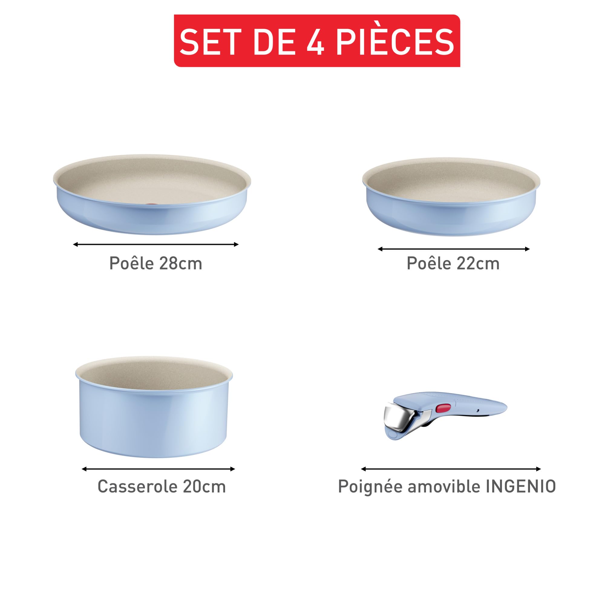Tefal Ingenio Serenity, Batterie de cuisine 4pièces, Revêtement antiadhésif, Poignée amovible sécurisée, Design empilable, L827S404