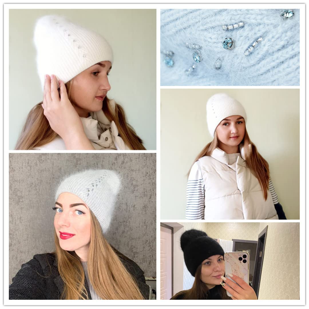 Sombreros cálidos de Invierno para Mujer, Gorros de Punto de Lana de Angora Suave para Mujer, Gorros Gruesos de Calavera de Doble Forro