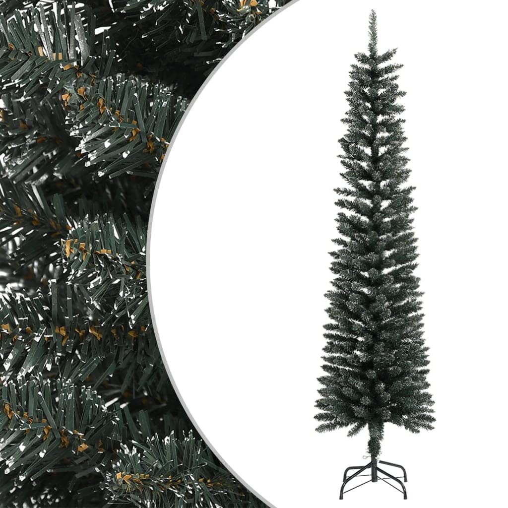 Sztuczna choinka smukła, zielona, 210 cm, ze stojakiem i 356 końcówkami PCW, biały śnieg, krzaczasta, składana, do salonu, biura, wewnątrz i na zewnątrz