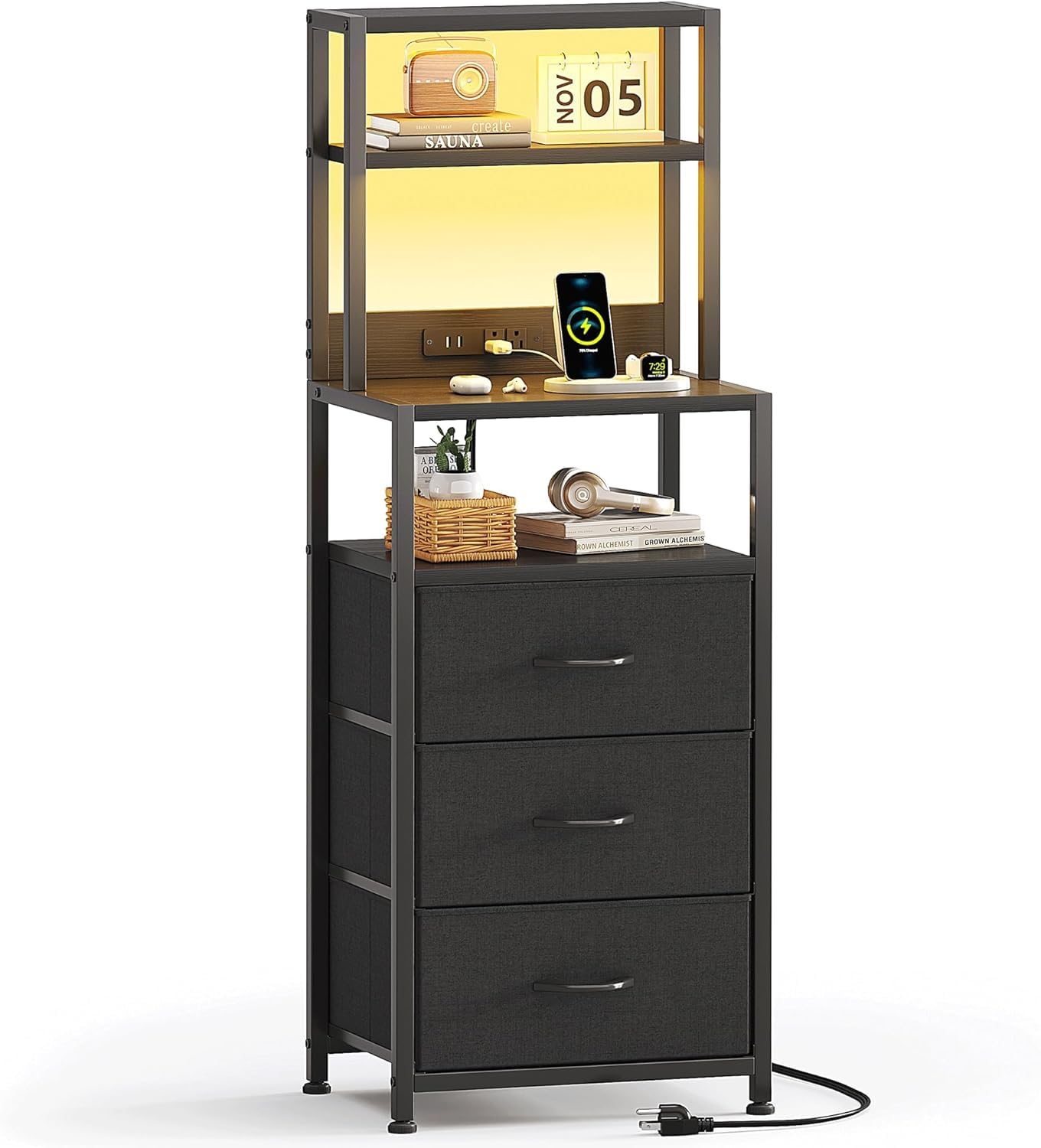 VERMESS Bedside Table with Charging Station and LED light, Tall Nightstand with 3 Fabric Drawers, Chest of Drawers for Bedroom, Living Room, Hallway (Black)