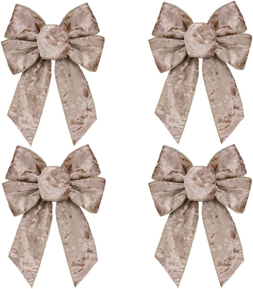 4pcs Vintage Champagne Wreath Bow for Front Door Decor, Sliver Edged Champagne Velvet Tree Topper Ornament for Xmas Home Outdoor Indoor Party