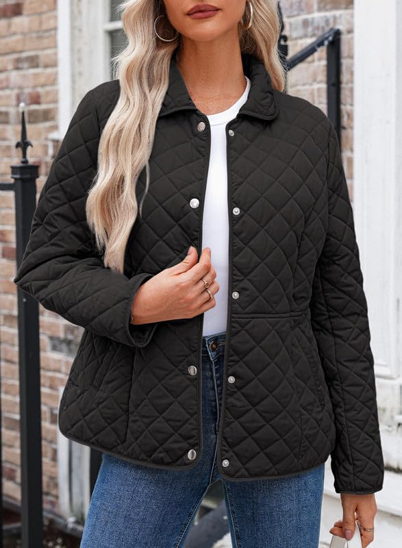 Dokotoo Women's Winter Quilted Jackets Long Sleeve Button Down Diamond Puffer Jacket Outerwear Coats with Pockets2