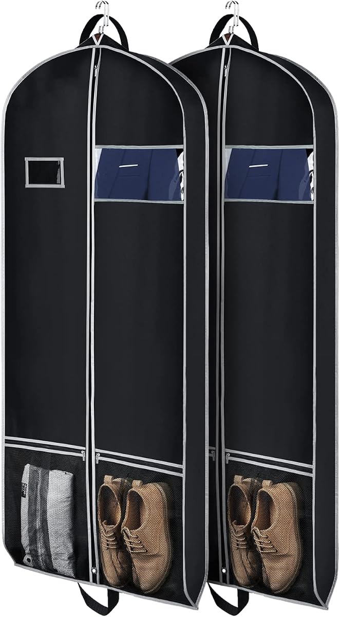 Long Garment Bags for Dresses Coat Bags for Travel & Storage 60 in | 2 Large Pockets, 2 Carry Handles, Gusseted, Suit Cover Protector for Suit Coat Dress Tuxedos, Set of 2
