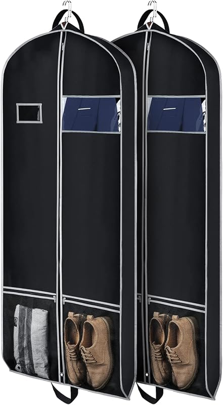 Long Garment Bags for Dresses Coat Bags for Travel & Storage 60 in | 2 Large Pockets, 2 Carry Handles, Gusseted, Suit Cover Protector for Suit Coat Dress Tuxedos, Set of 2
