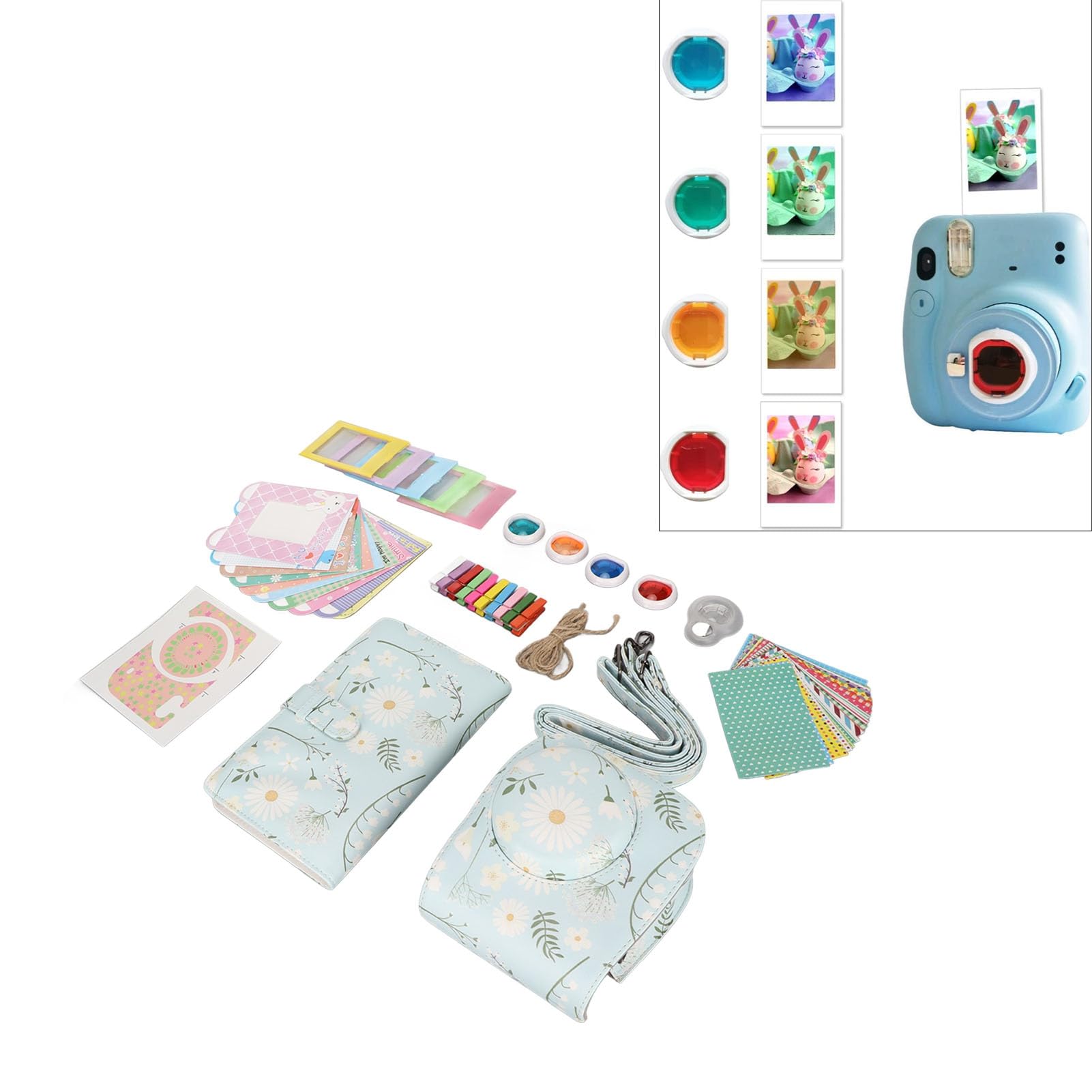Zestaw akcesoriów do aparatu, etui ochronne, naklejki, ramki na zdjęcia, filtry, lusterko do selfie, album, kolor stokrotki dla miłośników kamer 11
