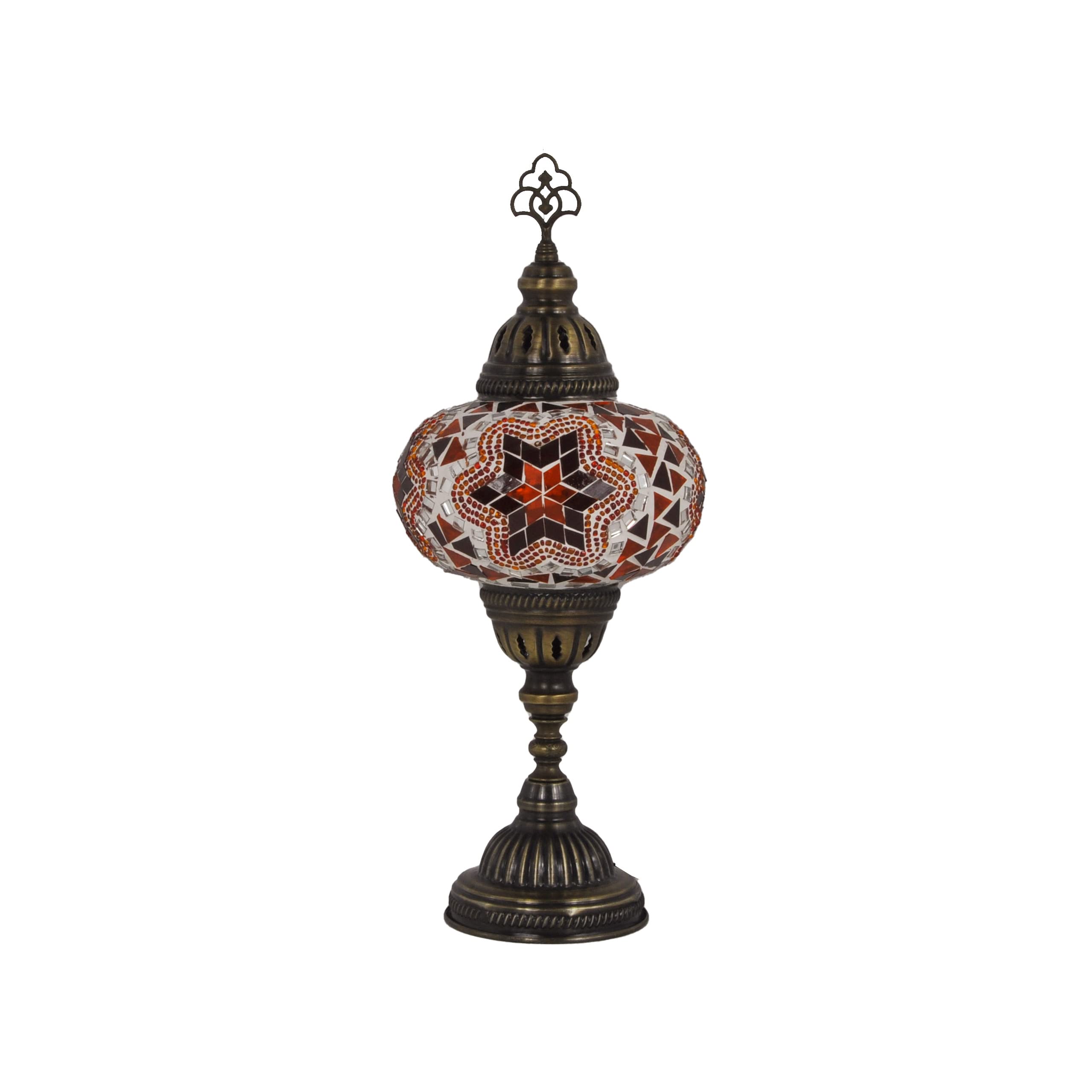 MOSLAND HOME 10 Variation Turkish Lamp Mosaic Table Lamps | Turkish Moroccan Lamp with Bronze Base | Handmade Tiffany Night Lamp | Mosaic Glass Bedside Night Lamp with Led Bulb (Red&Orange)