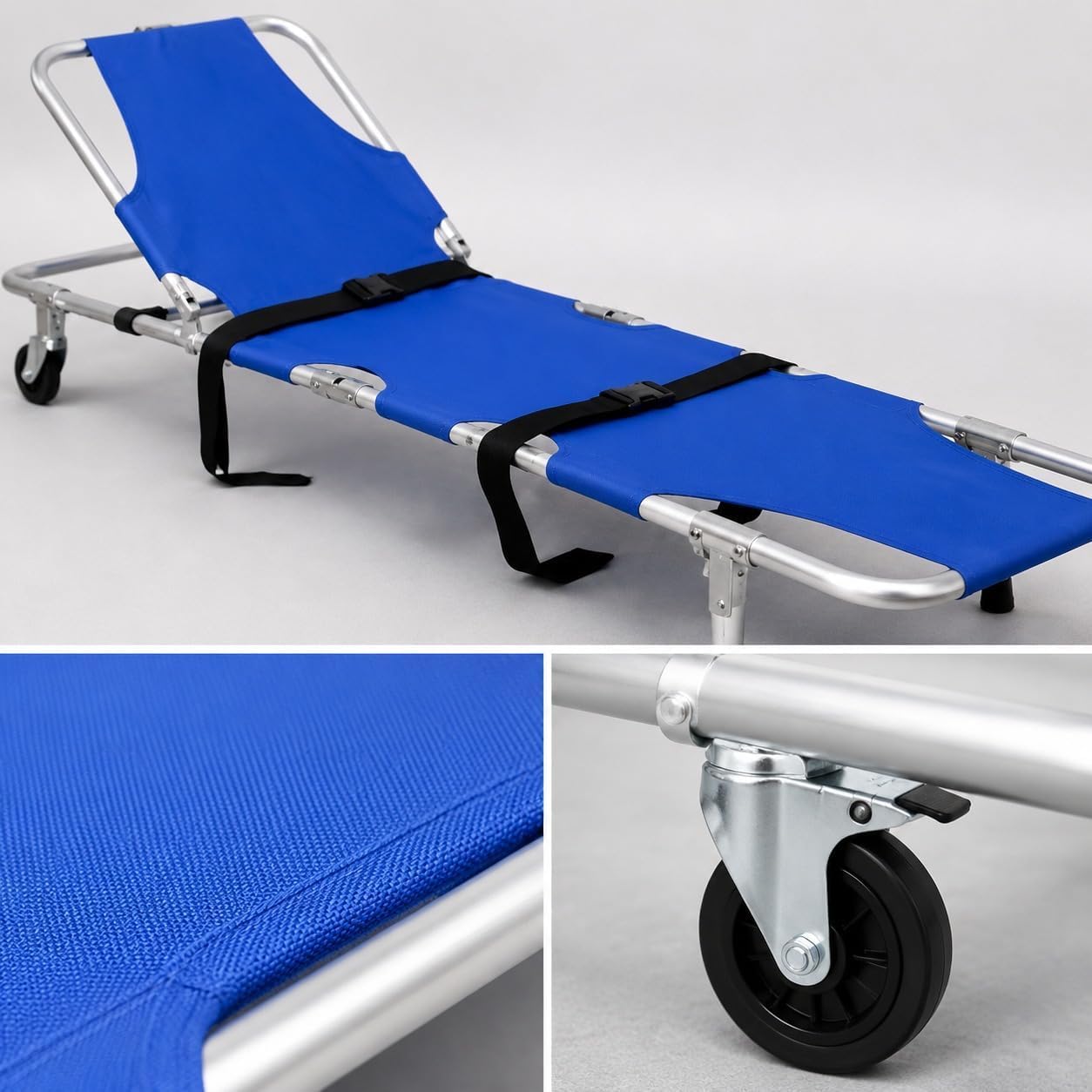 Składane aluminiowe nosze medyczne z kółkami i regulowanym oparciem | Rama ze stopu aluminium, tkanina Oxford 600D, pasy bezpieczeństwa, zintegrowane koła, ambulanse kliniki opieka domowa