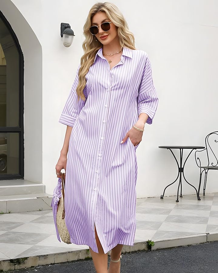 Womens Shirt Dresses Striped Lapel 3/4 Sleeve Maxi Dress Button Down Split Belted - Image 2