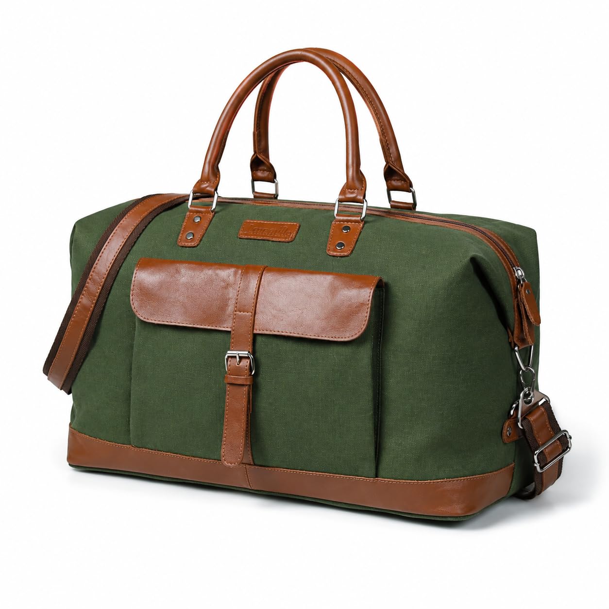 Genuine Leather Large 40L Canvas Weekender Travel Duffle Cabin Bag with Detachable Shoulder Strap for Men and Women Overnight Sling Bag (Green)-image-15