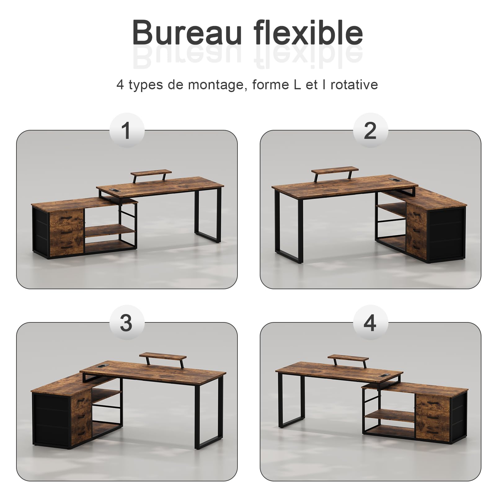 JUMMICO Bureau d'angle en L Réversible Style Industriel, 140x100 cm avec Aspect Bois Brûlé, Bureau Gamer avec Étagères de Rangement et Support Moniteur, Prise Intégrée