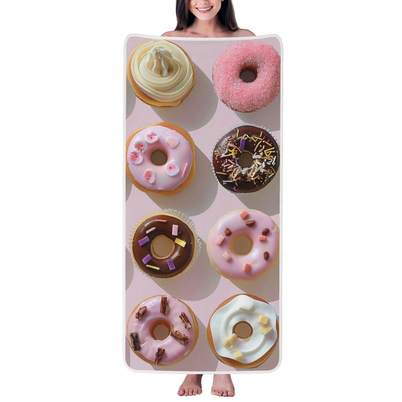 WPKJU Cupcakes Donuts Muffins Sugar Printed Bath Towel with White Edging - 27x55 in Soft Extra Absorbent Coral Velvet Shower Towels for Bathroom