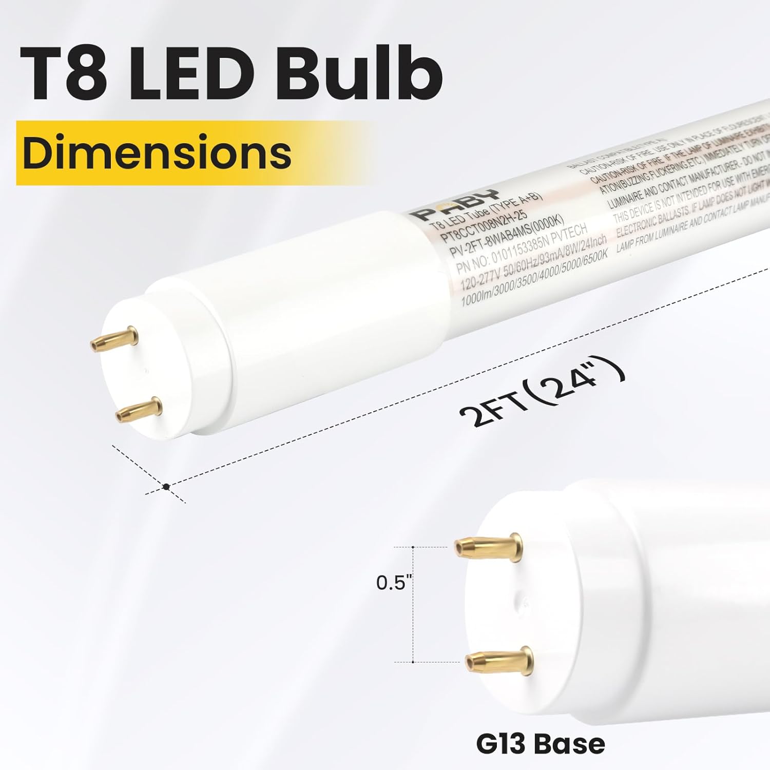Paby 25 Pack 2FT T8 LED Type A+B Tube Light, 8W(15W Equivalent) 1000LM, 4000K, Plug & Play or Ballast Bypass, Single or Double End Power Input, 120-277V, T8 T12, UL, FCC