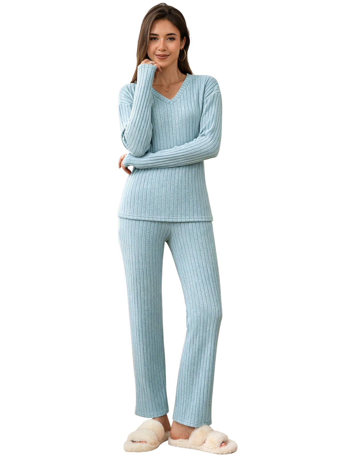Pigiama Donna 2 Pezzi Canelé Maglia Maniche Lunghe Pantaloni Larghi Tasche | Completo pigiama donna in tessuto canelé morbido e caldo ideale per casa e relax in inverno.