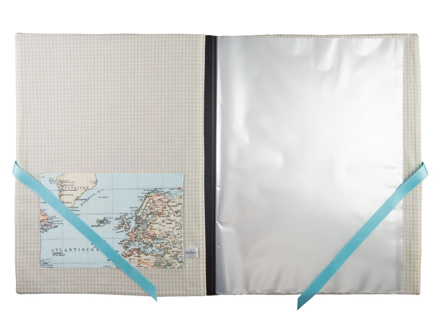 bettina bruder - Sammelmappe DIN A3 - innen 30 Sichthüllen - Landkarte Weltkarte Vichykaro hellblau beige