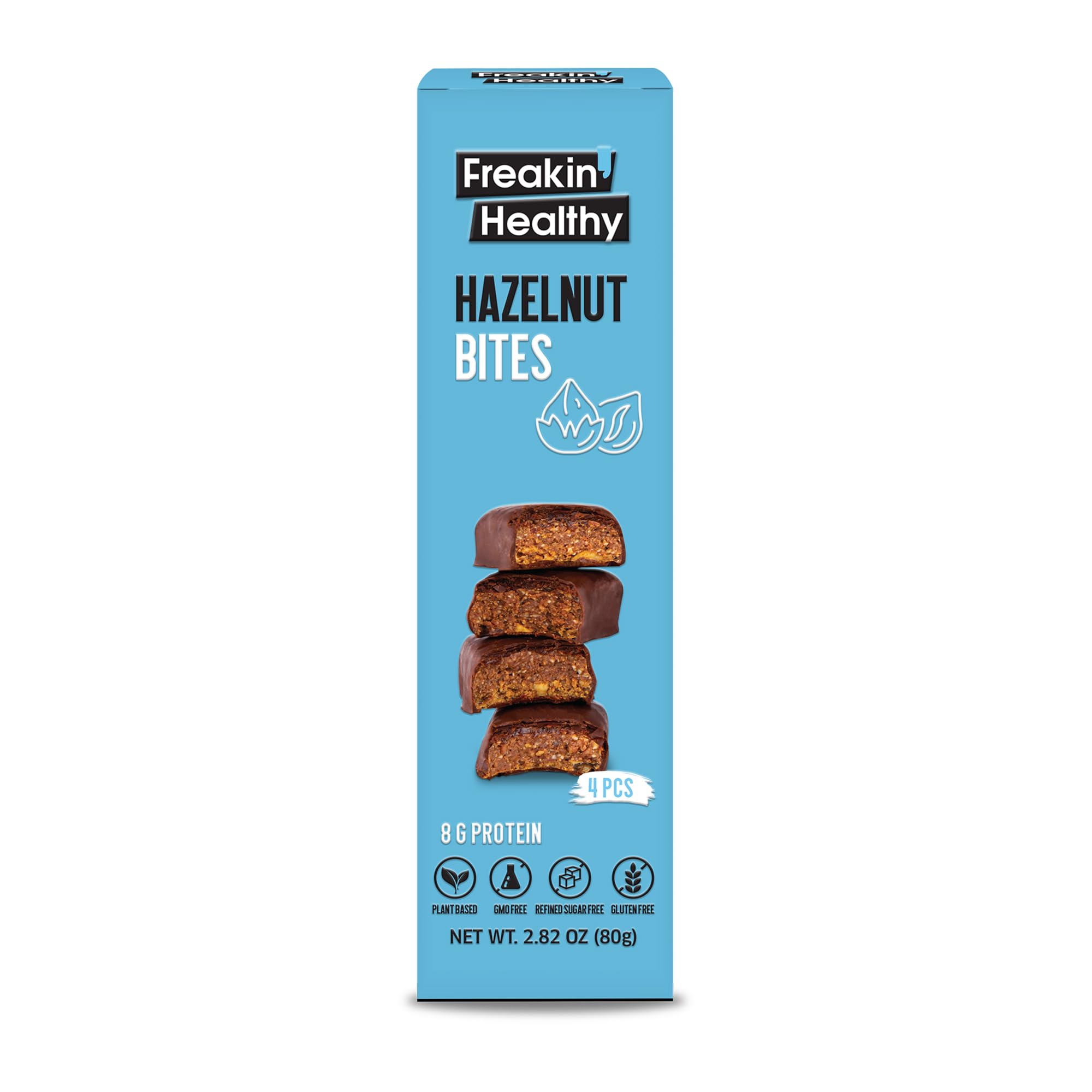 Freakin Healthy Hazelnut Bites 80g – 4 Individually Wrapped Bites, Plant-Based Protein Snack with Raw Chocolate, No Artificial Ingredients