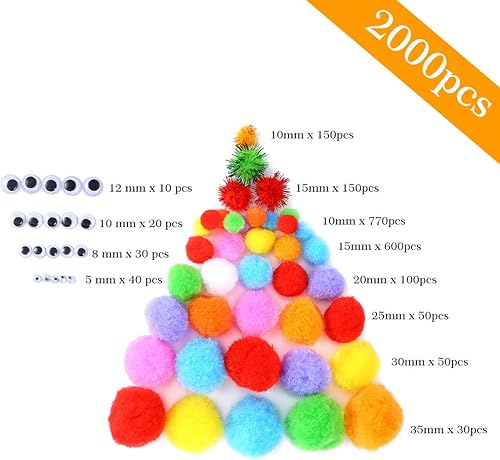 Miniatura 4 de Caydo 2000 pompones multicolor con purpurina de 4 tamaños surtidos para pasatiempos, suministros de manualidades