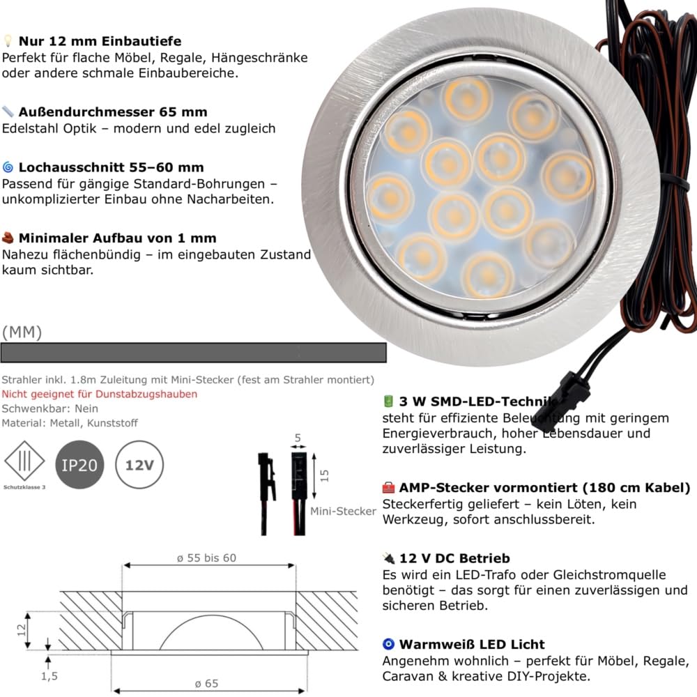 2 x 3W LED Möbeleinbauleuchten 12V super flach 65mm Einbaustrahler Leonie mit LED Trafo und Mini Verteiler 3000K Warmweiß Lochausschnitt: 55 bis 60mm