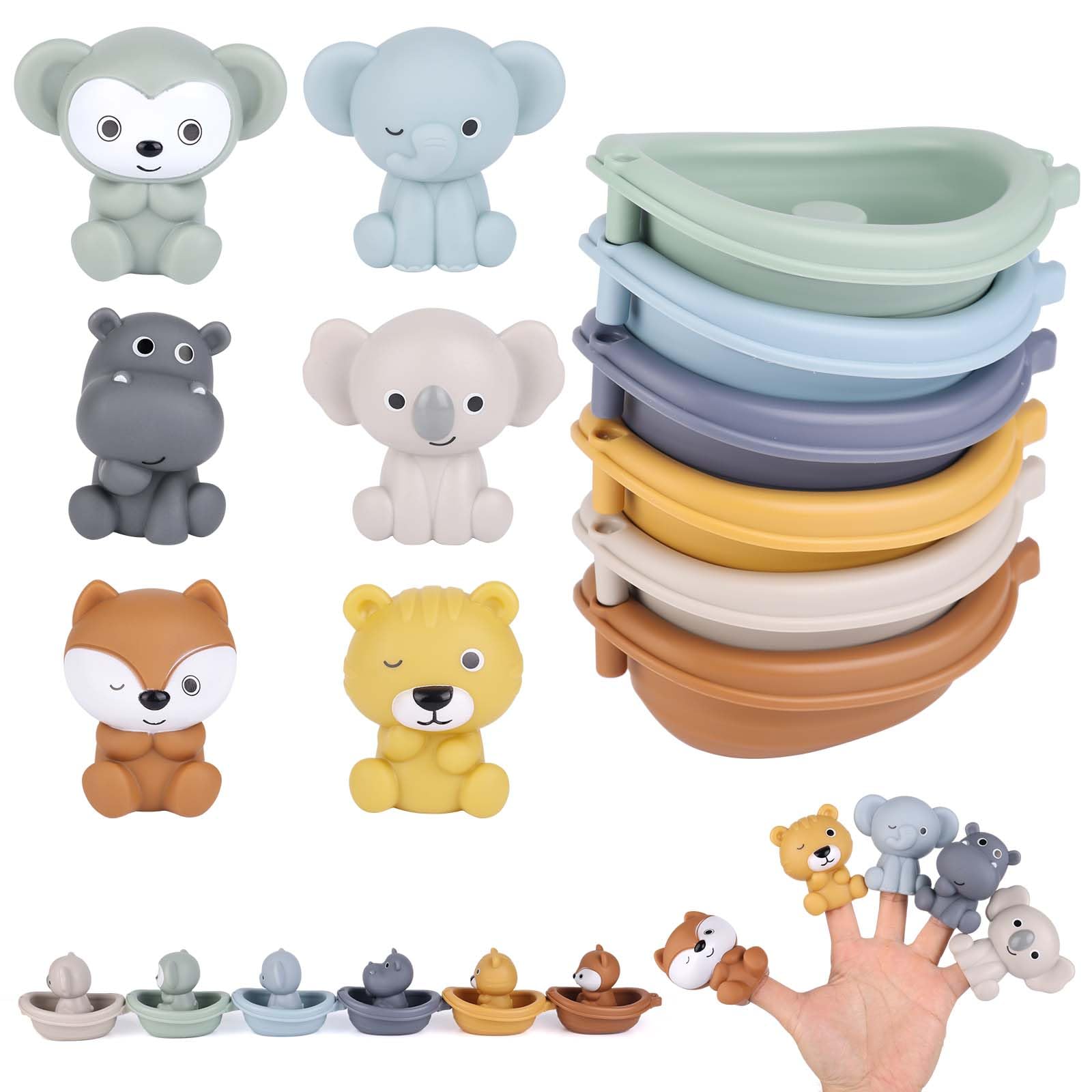 Gosknor 12 Juguetes de Baño Bebés, Barquitos Flotantes Silicona Suave y Marionetas de Dedo Animales Juguetes Baño Seguros para Niños Pequeños Divertido Juego Acuático para Niños y Niñas