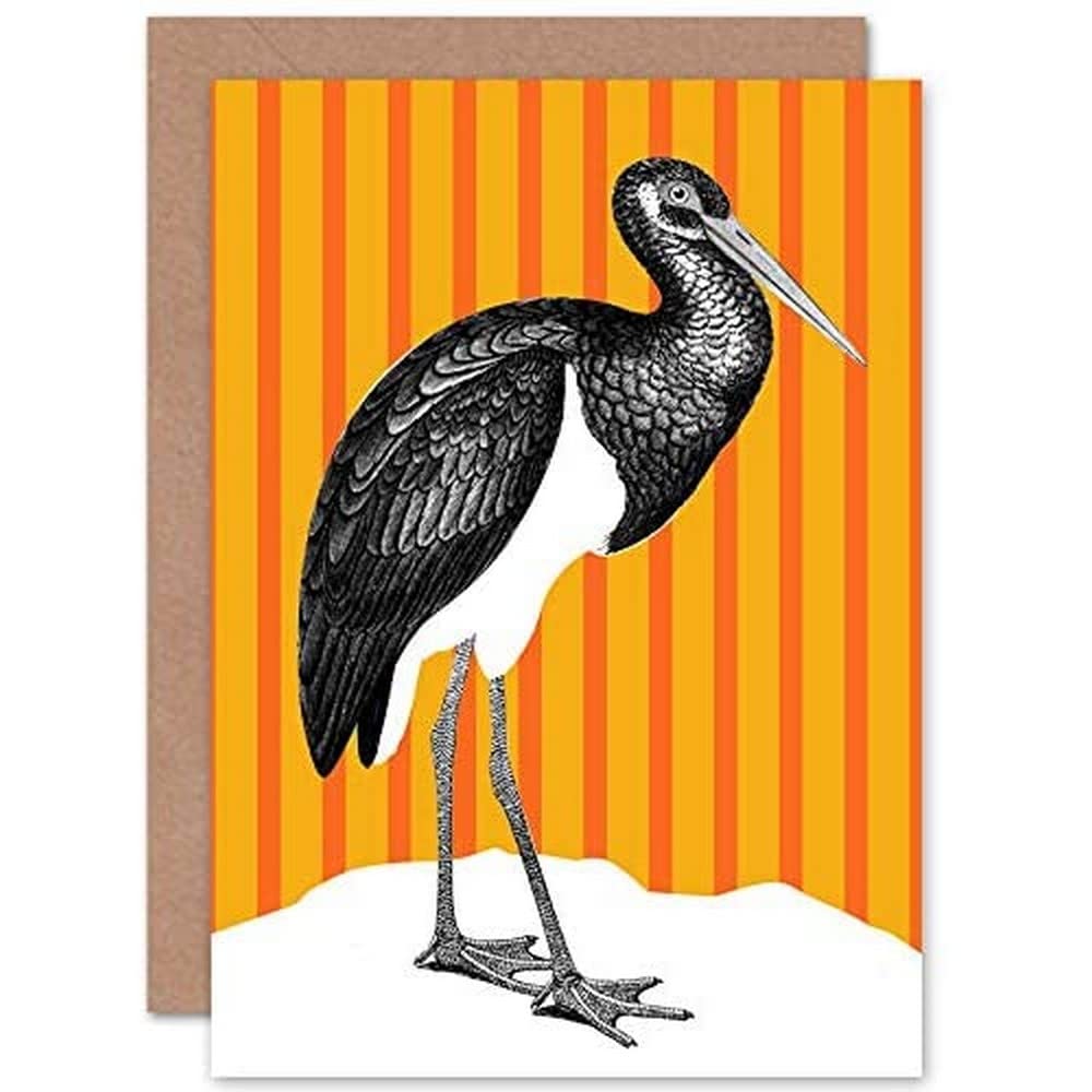 Wee Blue Coo Tall Birds On Stripes Black Stork Orange Greeting Card With Envelope Inside Premium Quality