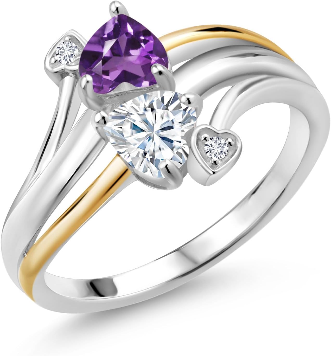 Gem Stone King 925 Silver and 10K Yellow Gold 2 Heart Promise Couple Engagement Mother Lab Grown Diamond Ring Amethyst Moissanite (0.86 Cttw)