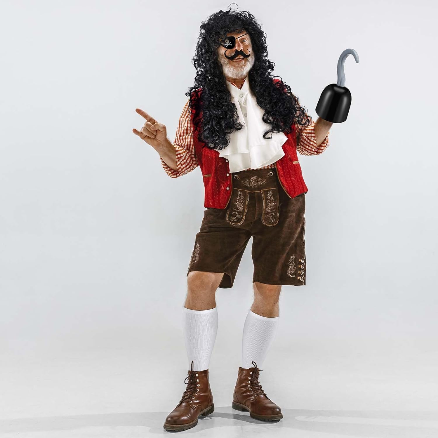 6 Pcs Halloween Pirate Captain Costume Accessory Set for Adult Men: Pirate Hook, Wig, Mustache, Scarf, Socks - Image 5