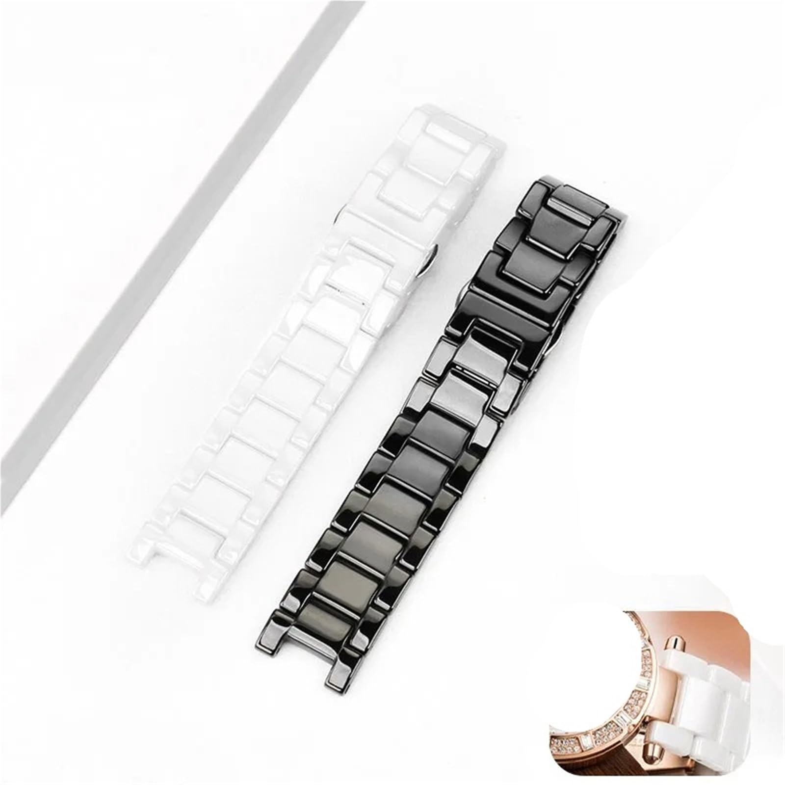 Correa de Reloj de cerámica cóncava de 20 x 11 mm, 18 x 10 mm y 16 x 8 mm para Hombre y Mujer (Negro, 16,9 mm)