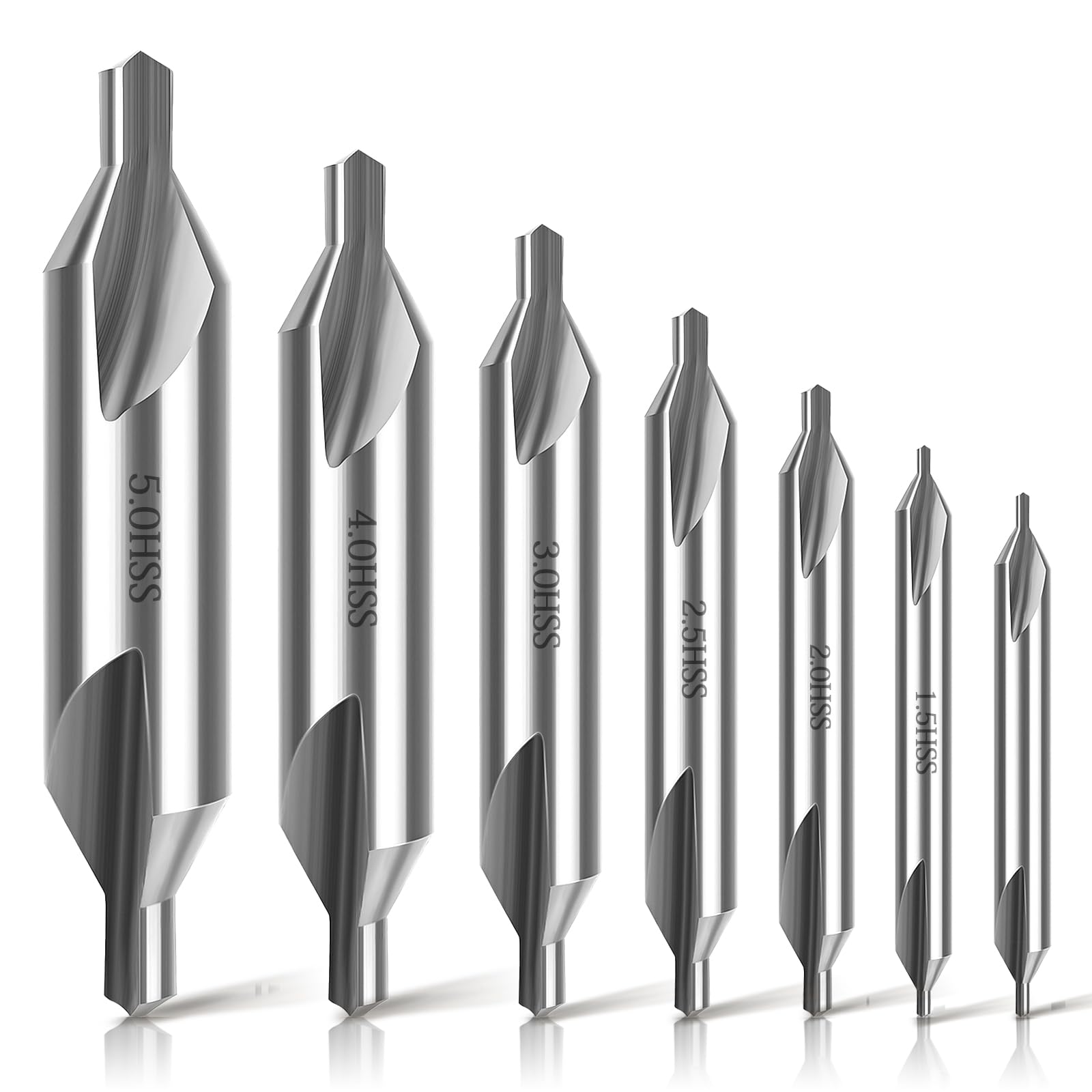 7 Pieces Center Drill Bits Kit, SUNJOYCO M2 High Speed Steel Center Drill Bit Set, 60-Degree Angle Countersink Tools for Lathe Metalworking, Size 1.0 1.5 2.0 2.5 3.0 4.0 5.0 (Silver)