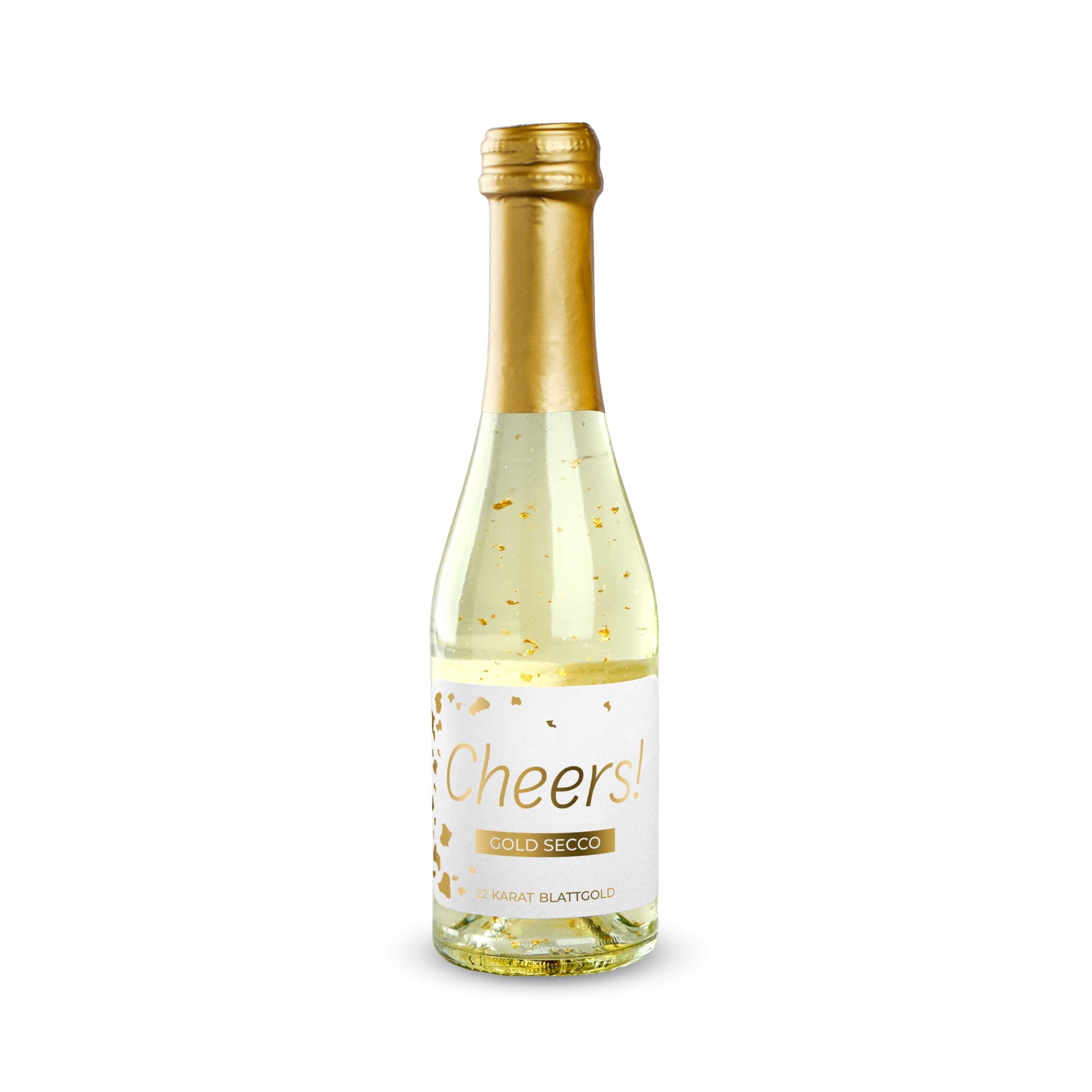 Gold Secco Cheers! 0,2l | Geschenk Sekt mit 22 Karat Goldflocken | Geschenk für deine Liebsten | Hochzeit oder Party Mitbringsel | 200 Milliliter Schaumwein | Prosecco