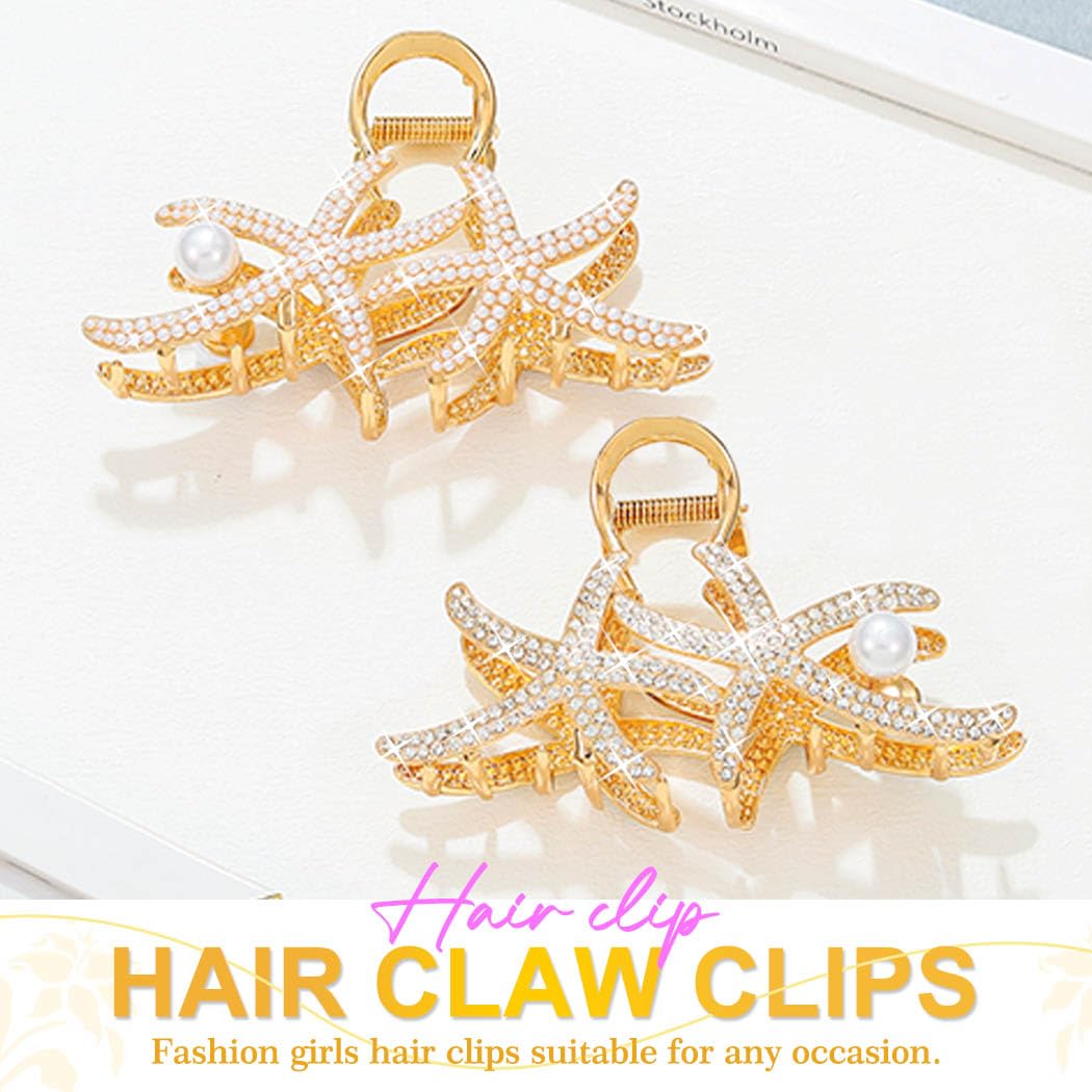 Reaky Starfish Claw Clip Mermaid Hair Clips Rhinestone Hair Claws for Women Beach Hair Accessories, Gold, 1 count (Pack of 2) - Image 2