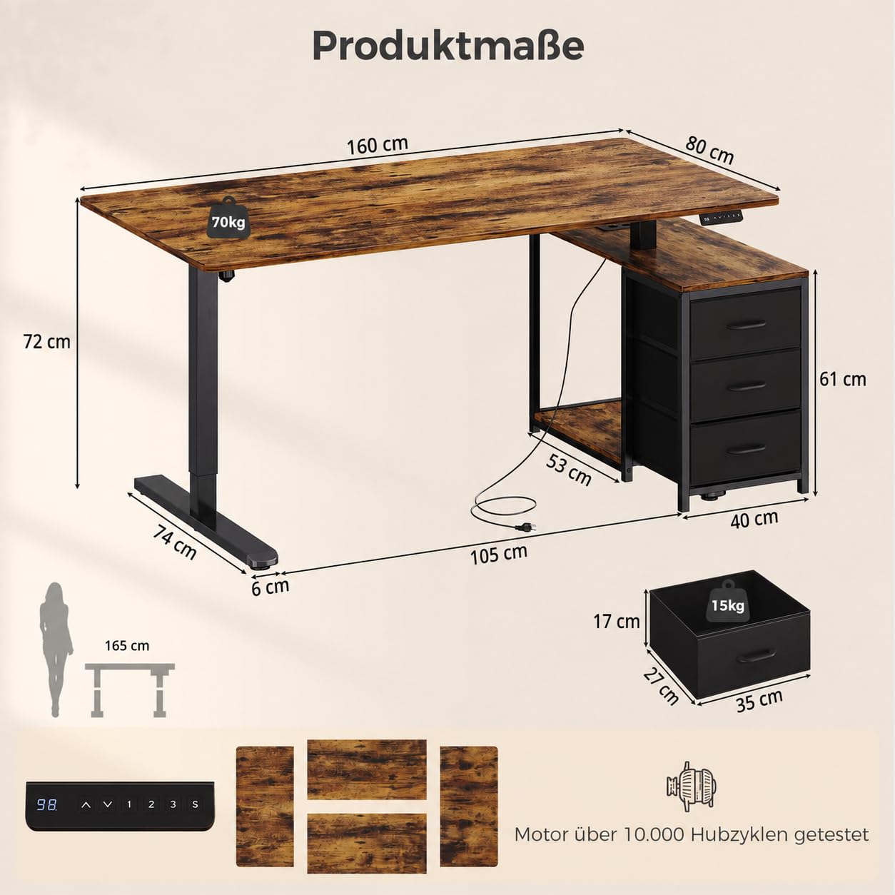 IRONCK Höhenverstellbarer Schreibtisch 160x80cm mit Steckdose, 3 Schubladen | Reversible Elektrisch Computertisch, USB-C-Anschluss, 3 Speichertasten, stufenlos verstellbar, Stehtisch für Büro, Braun