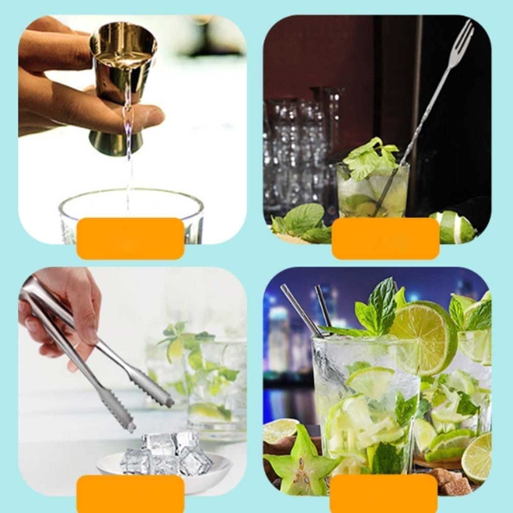 SePkus Juego de coctelera de 7 Piezas con cucharas de Bar, caños, Tazas medidoras de Volumen de Dos Cabezales, Etc., Herramientas de Barra de Acero Inoxidable