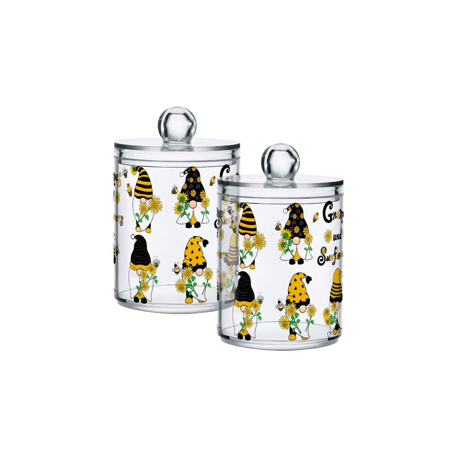Gnomes and Sunflowers St Bathroom Container Cotton Ball/Swabs/Pads Floss Pick Dispenser,Clear Vanity Apothecary Jars Organizers and Storage