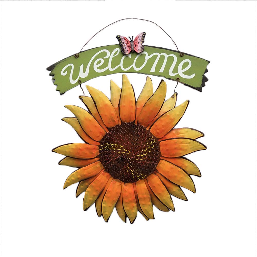 Wankd Welcome Metal Door Sign with Cord for Hanging Door Signs Welcome Flower Pattern for Hanging Vintage Wall Sign Door Hanger Welcome Decoration (Sunflower)