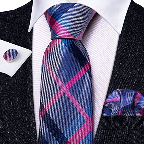 Image of Barry.Wang Plaid Ties Check Mens Necktie Set with Handkerchief Cufflinks Classic Stripe
